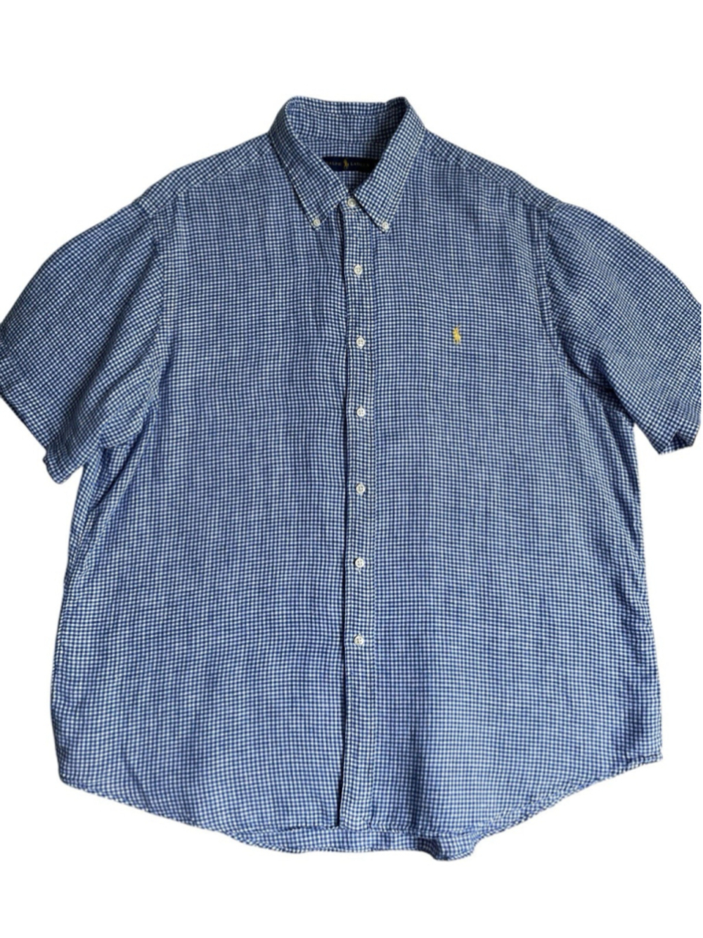 Ralph Lauren Linen Button Down Shirt Mens XXL Gingham Blue Short Sleeve